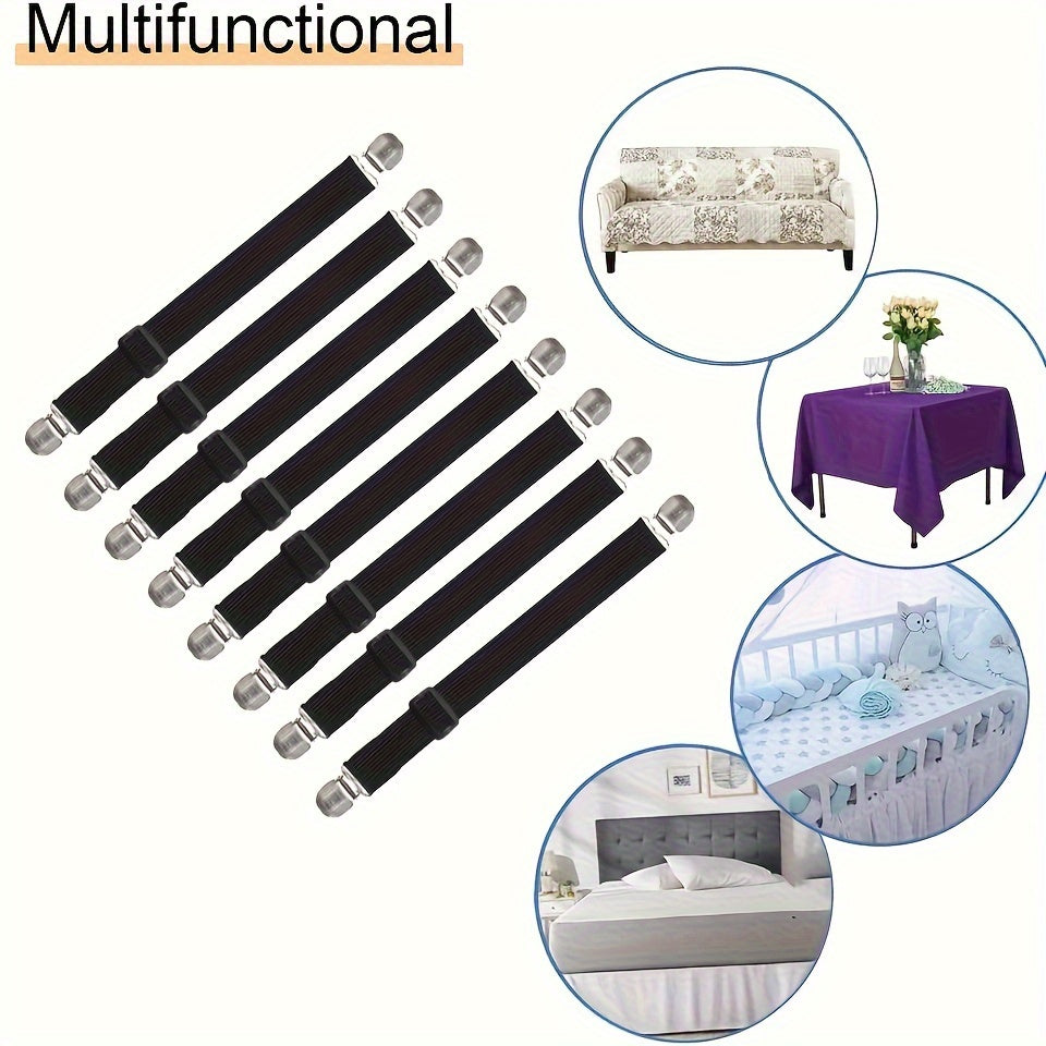 Set of 8 Sheet Straps with Adjustable Bed Sheet Holder Clips, Elastic Fasteners, and Suspenders for Fitted Sheets