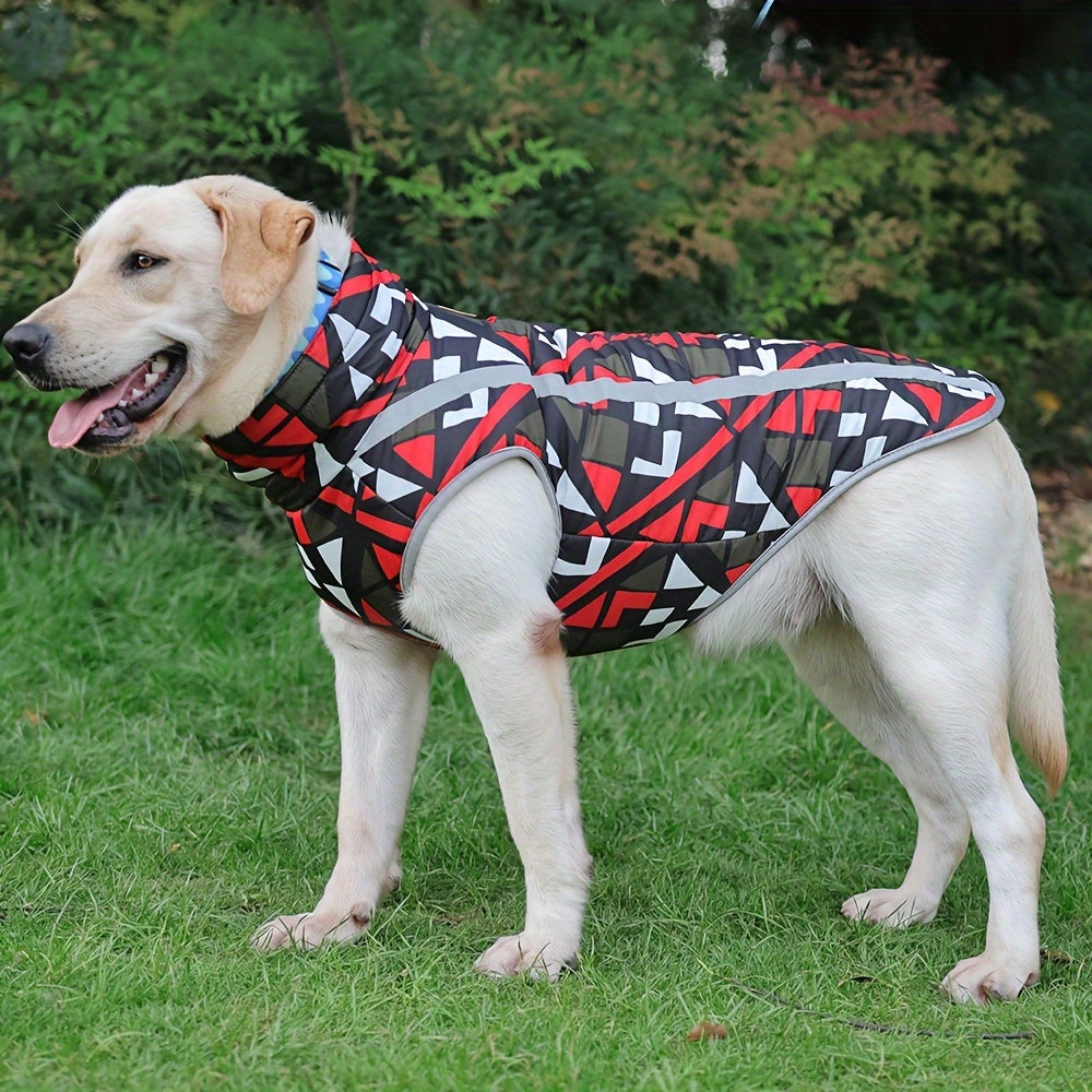 Windproof and waterproof dog jacket with reflective strips for all breed sizes, perfect for outdoor activities.