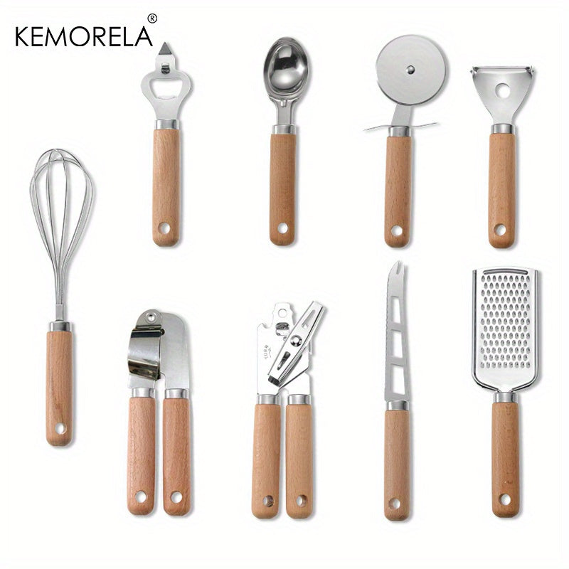 Set of 9 kitchenware pieces with wooden handles, including a stainless steel can opener, garlic press, cheese knife, grater, bottle opener, ice cream scoop, pizza cutter wheel, melon grater, egg beater, and other kitchen gadgets.