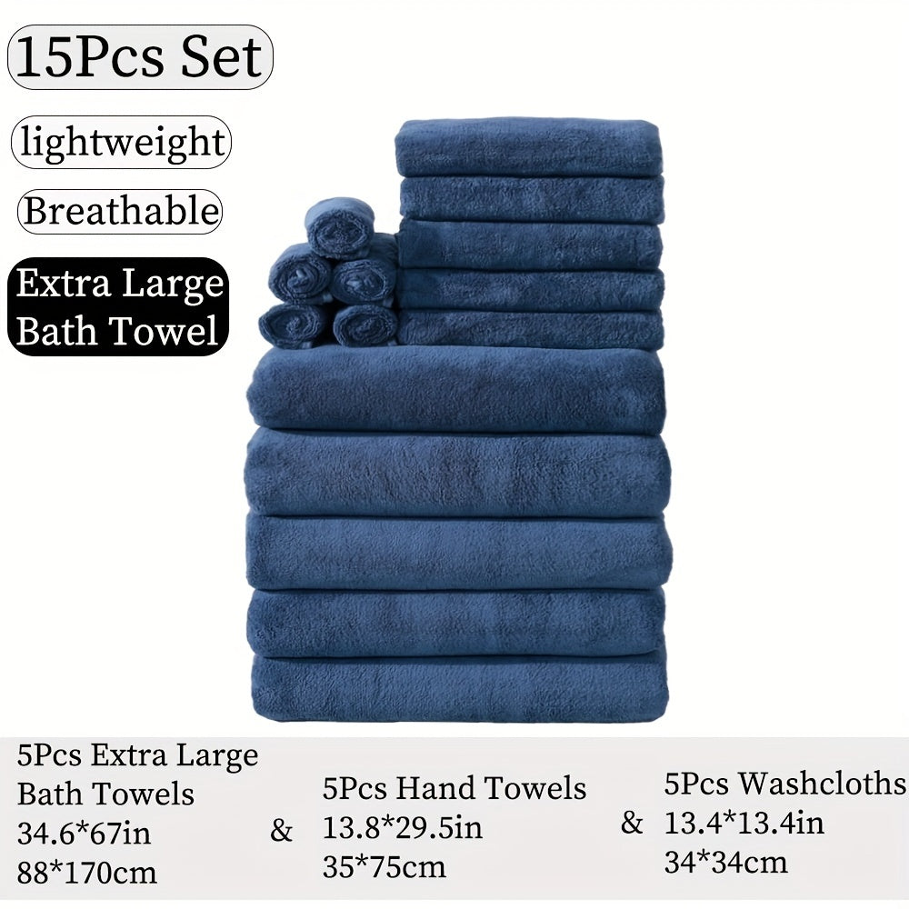 15-piece ultra-soft microfiber towel set in multiple colors, ideal for home and hotel showers.