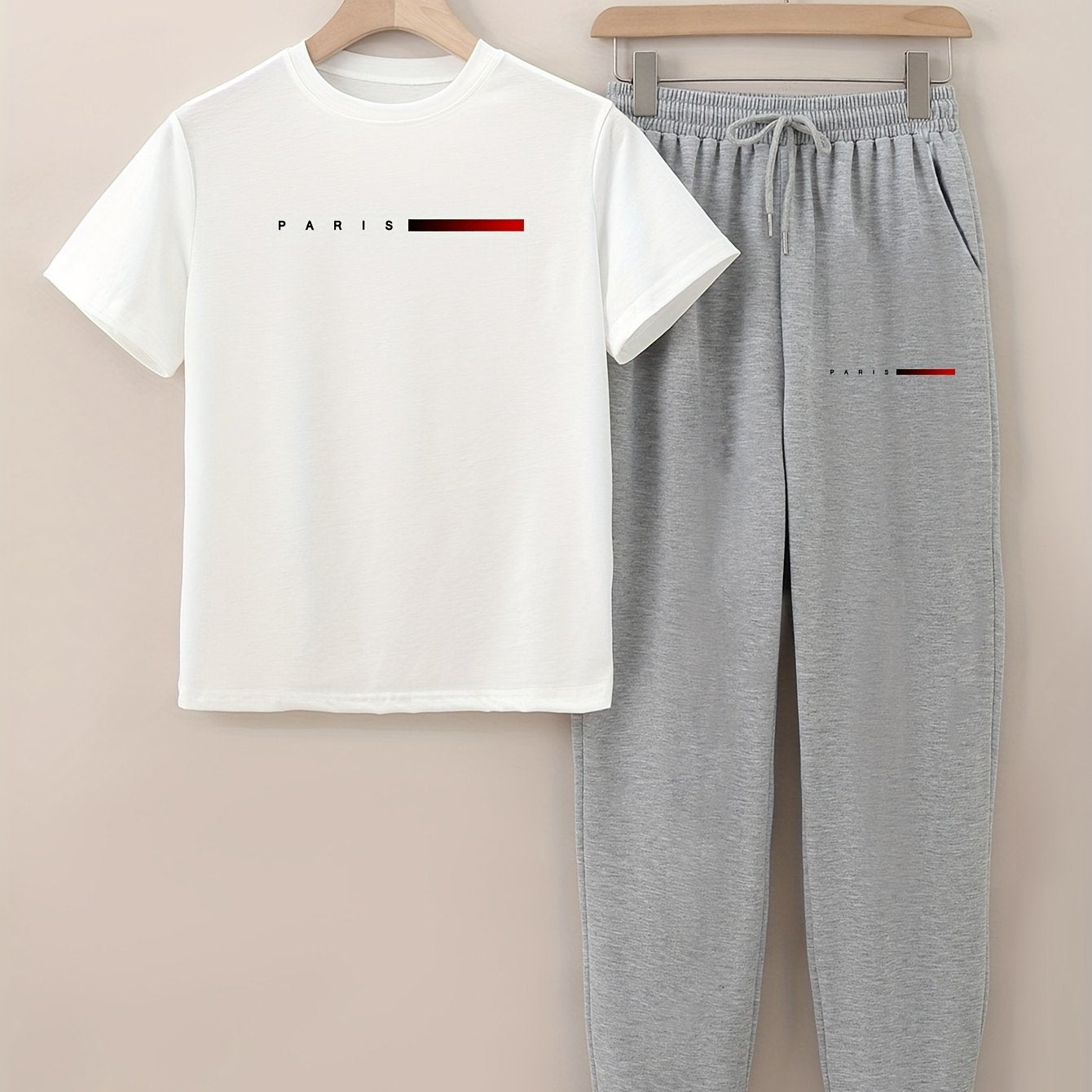 PARIS Simple Letter Print T-shirt and Trousers Set for Men, Young Students - Loose Fashion Trend Casual Sports Wear for Summer