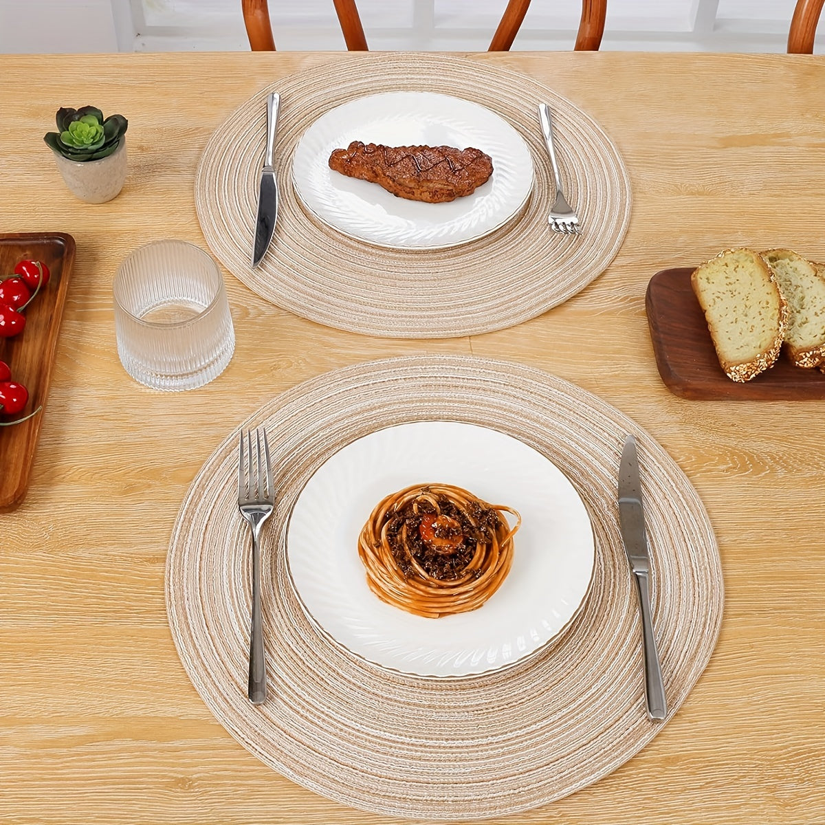 Set of 6 washable round braided placemats for kitchen table, measuring 38.1 cm in diameter.