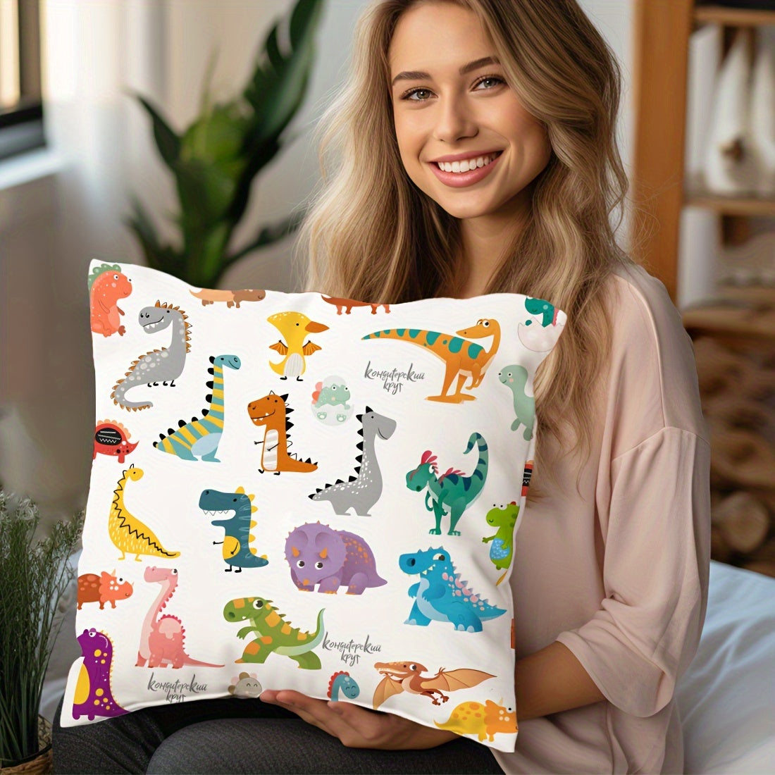 Peach Skin Velvet Pillow Cover 45x45cm with Adorable Dinosaur Illustration - Zippered Single-Sided Print Cushion Case for Car, Living Room Sofa, Bedroom - Machine Washable and Perfect for Dinosaur Room Decor - Made of Polyester