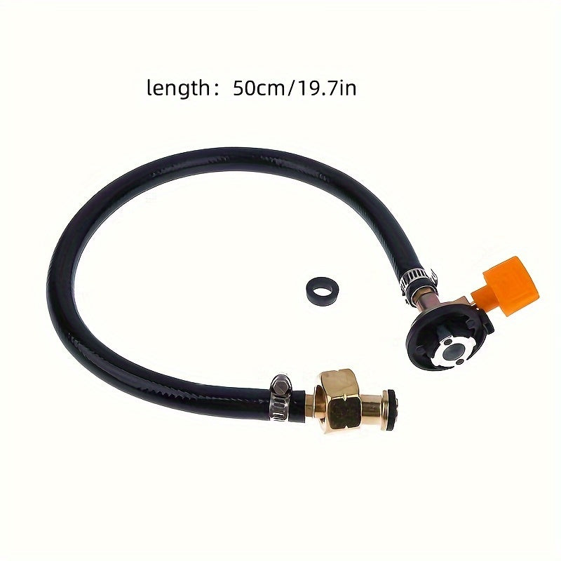 Leak-proof copper gas refill adapter for outdoor camping stove, with rubber pipe and cylinder converter.