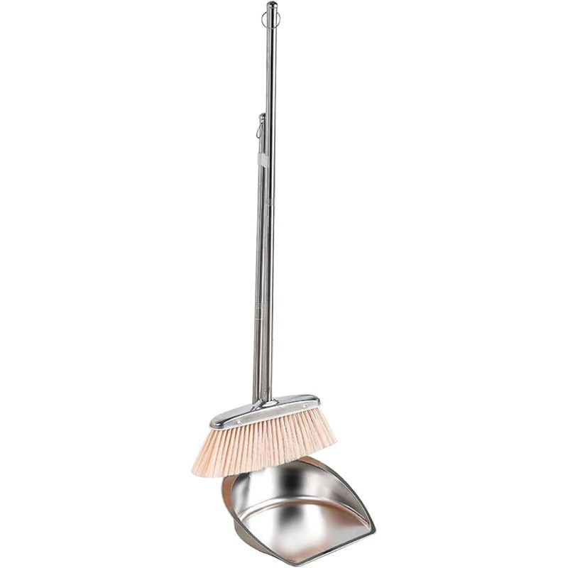 Two-piece Set of Stainless Steel Dustpan and Broom with Long Handle, Heavy-duty Upright Sweeping Brush with Hanging Ring, Ideal for Indoor Home Cleaning