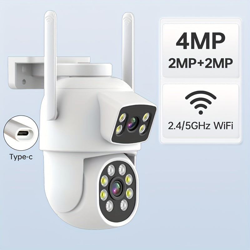 Dual lens security camera with wireless 2.4/5g dual band wifi, 4MP resolution, 360 view PTZ, AI mobile detection, two-way audio, color night vision, and smart phone app for monitoring