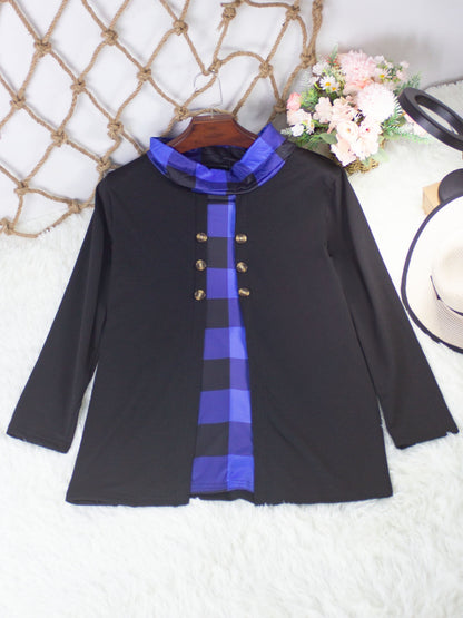 2-in-1 Plaid Print T-Shirt with Cowl Neck and Button Details for Plus Size Women