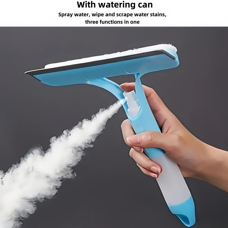 Professional home cleaning tool: Double-Sided Glass Scraper with Spray Bottle. Versatile window cleaning brush with silicon wiper. Suitable for windows, mirrors, floors, and cars.