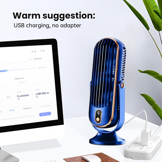 Compact and stylish USB desk fan in Blue & Copper color scheme features 5-speed adjustment and LED display. This sleek fan is perfect for home and office use, providing cooling for bedrooms and desks. Equipped with a rechargeable 1200mAh battery, it is