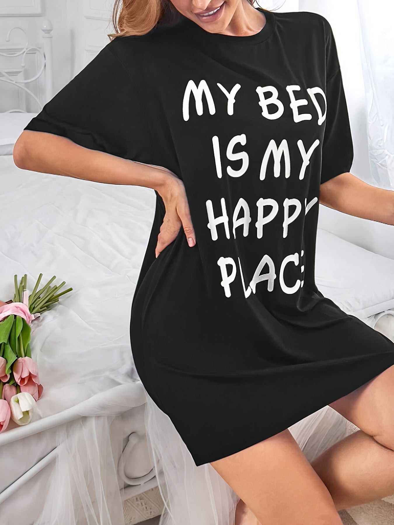 Casual sleepwear dress with slogan print, short sleeves, and round neck for comfortable nightwear.