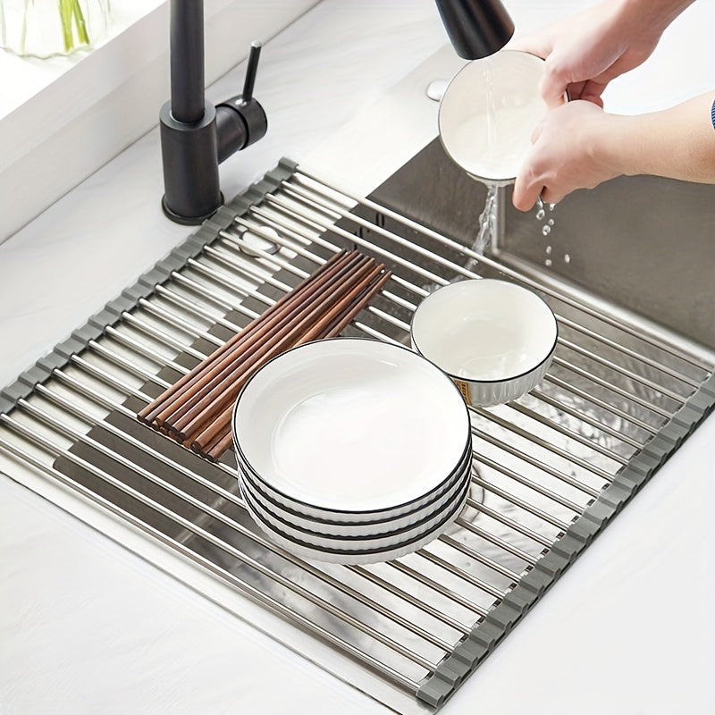 Convenient 1-Piece Foldable Dish Drying Rack for Kitchen Sink - Versatile Drain Rack, Easy to Roll-Up and Store - Essential Kitchen Tool