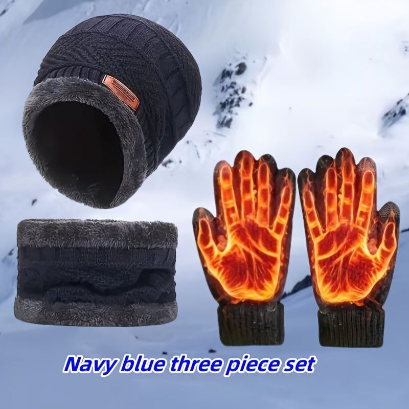 3-piece Winter Warmth Accessory Set, Includes Knit Polyester Beanie, Scarf, and Gloves in Sports Style, Made of 100% Polyester with Thermal Insulation for Cold Weather