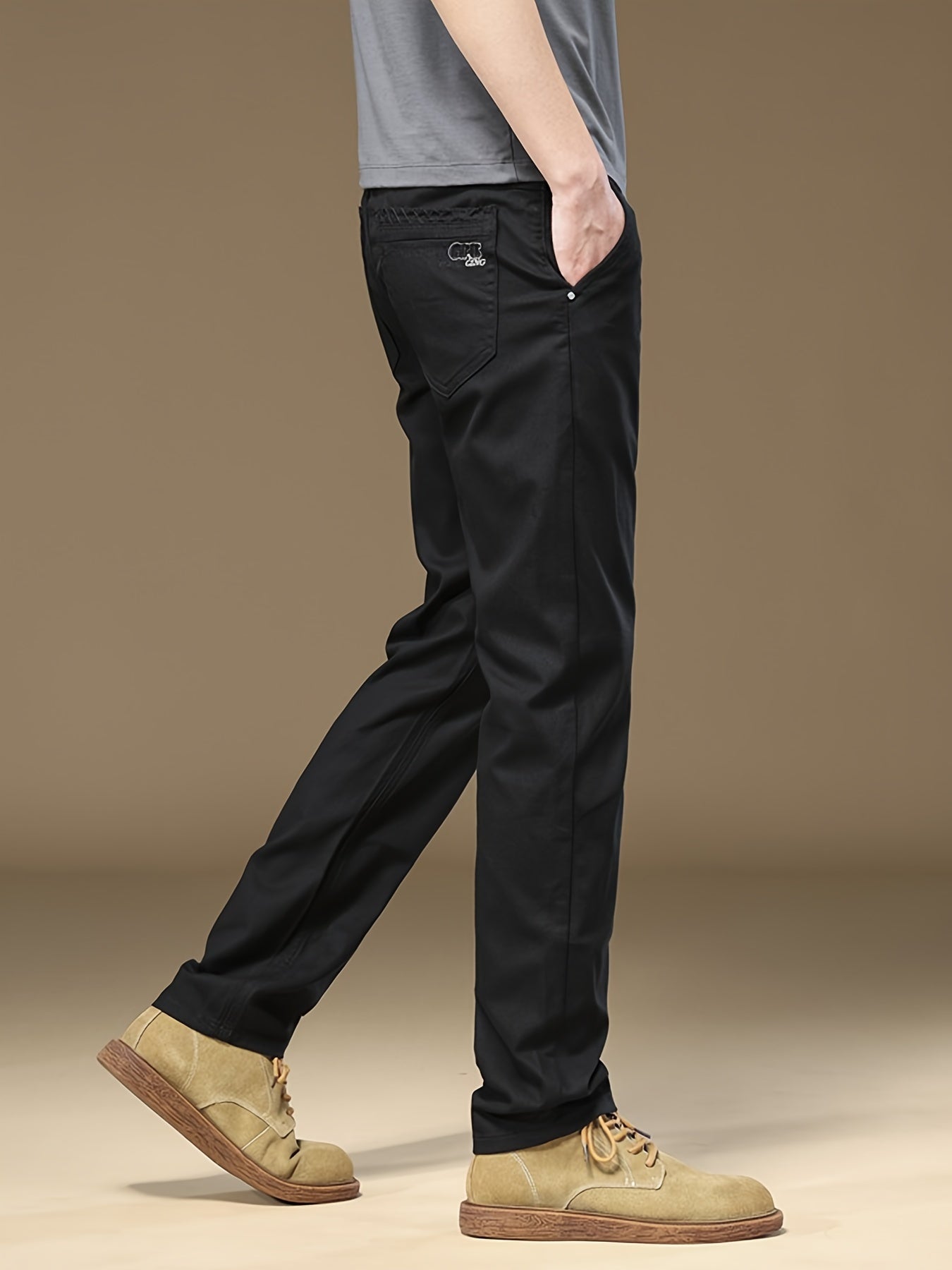 Men's Solid Slim-fit Pants with Pockets, Casual Cotton Blend Trousers for Spring/Fall