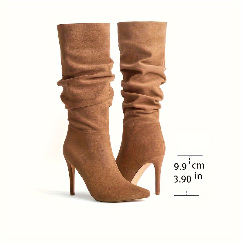 Pleated design long boots for women with point toe and stylish side zipper.