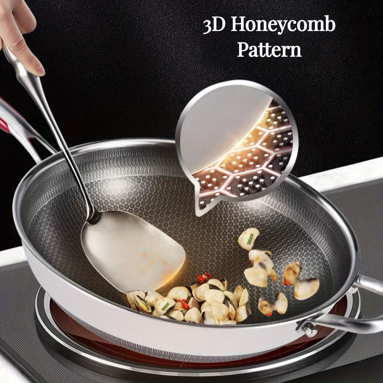 Get your hands on the versatile stainless steel wok that comes with a glass lid. This non-stick wok features a honeycomb design that ensures perfect frying and cooking every time. It is compatible with both induction and gas stoves, making it a