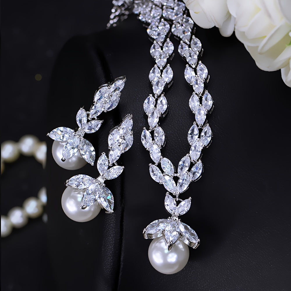 Three Graceful Bridal Accessories Featuring Synthetic Cubic Zirconia Round White Artificial Pearl Pendant Necklace and Earrings - Perfect Wedding Jewelry Set for Women