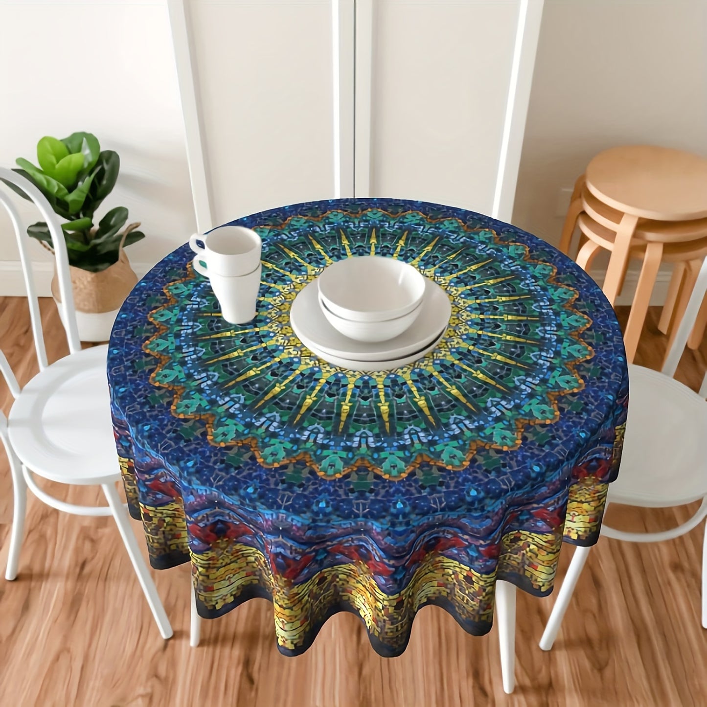 1 piece Bohemian Mandala Round Tablecloth - Waterproof Polyester for Kitchen, Dining, Holidays, Picnics, Camping