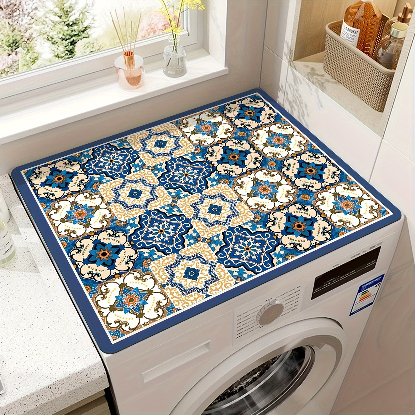 Colorful mandala printed household roller washing machine top dust pad, measuring 50x60cm/20*24inch. This absorbent non-slip pad is dirty resistant and serves as a decorative shelf mat for the kitchen and laundry room. Perfect addition to your home