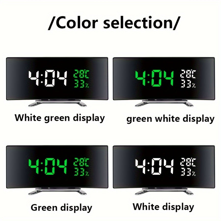 Современные черные светодиодные изогнутые будильники отображают время, температуру и влажность с возможностью питания от USB/батареи. Батарея отключает экран. Мониторинг внутреннего климата с элегантным прямоугольным дизайном и изогнутым дисплеем.