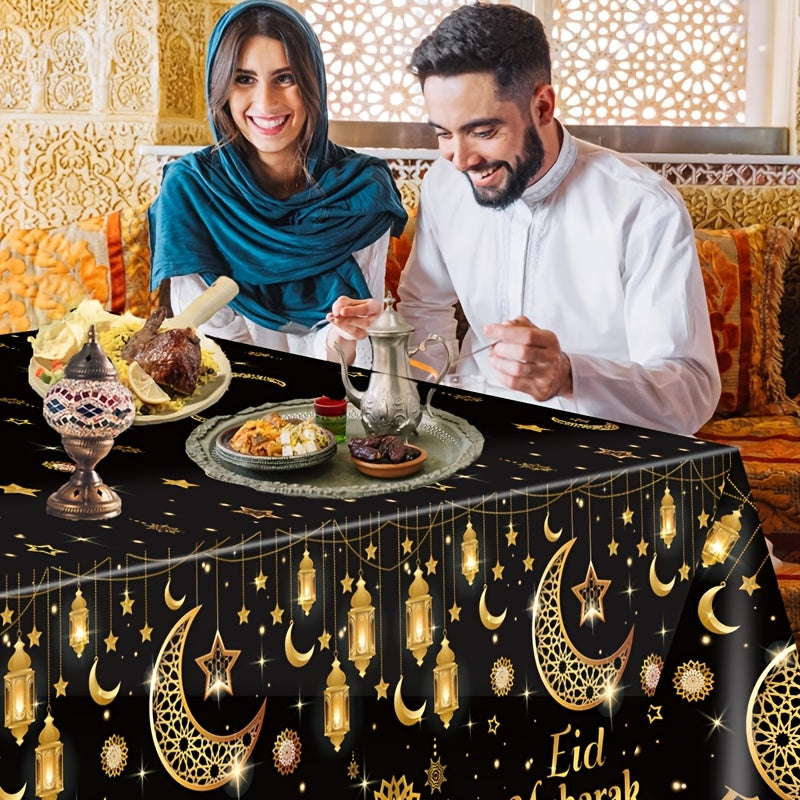 1pc Eid Mubarak tablecloth with black golden moon star lantern design, made of plastic PE, measuring 130x220cm. Perfect for Ramadan, Eid Al-Fitr, Islamic Muslim party decor, and Eid Al Adha