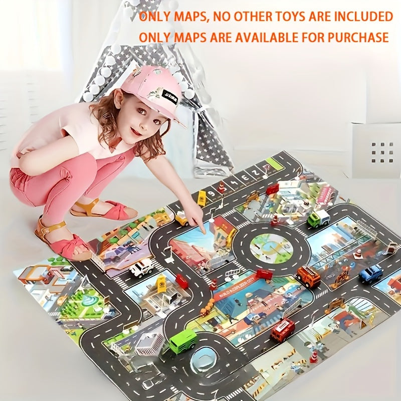 Urban civilisation play mat for kids 3+ with garage scene map, traffic route theme. Water-resistant and ideal for festive gifts.