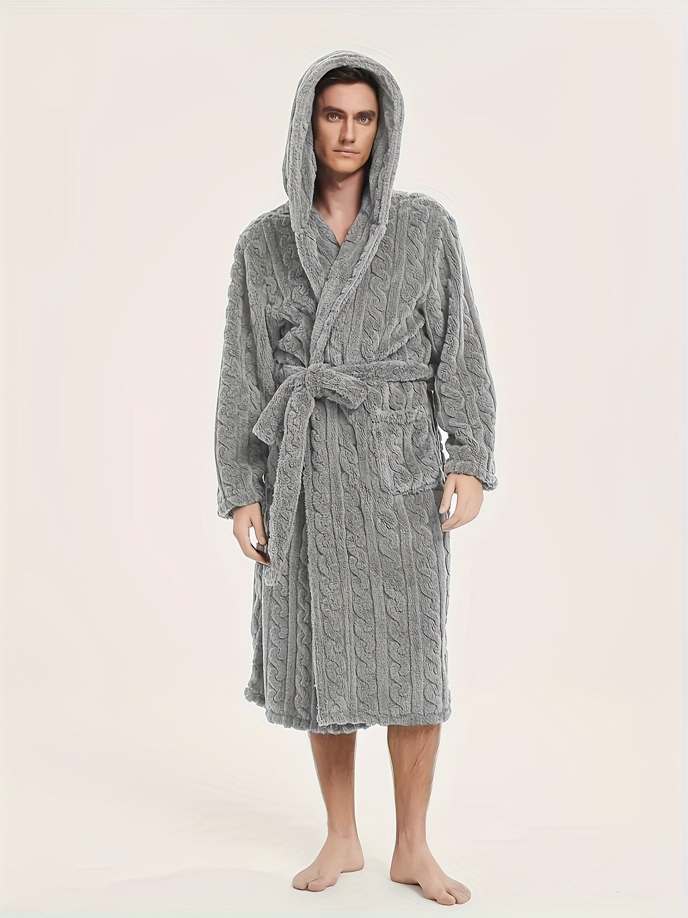 Men's fleece hooded robe for home and hotel use, with belt for comfort.