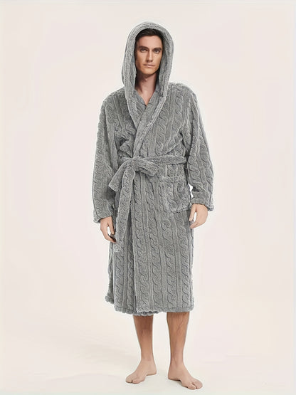 Men's fleece hooded robe for home and hotel use, with belt for comfort.