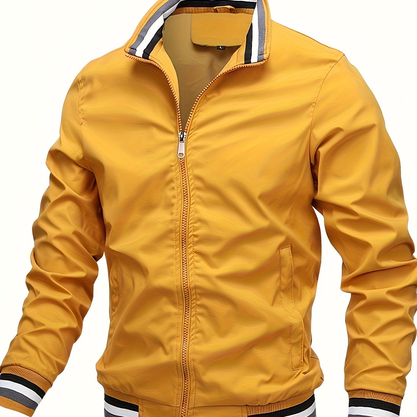 Men's lightweight bomber jacket with stand collar, zipper placket, and long sleeves. Made of 100% polyester for hiking and casual wear.