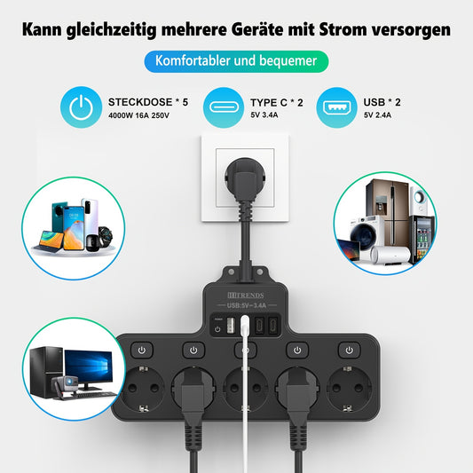 Wall-mounted power outlet with 5 European power outlets, 2 USB-A ports, 2 TYPE-C ports, and independent outlet for Switch, ideal for home or office use in black color.