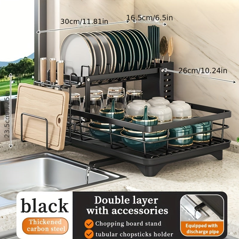 Space-saving double dish rack with drainer, chopping board rack, cup, and cutlery rack. Large capacity, stackable, easy to remove for cleaning. Ideal for kitchen organization.