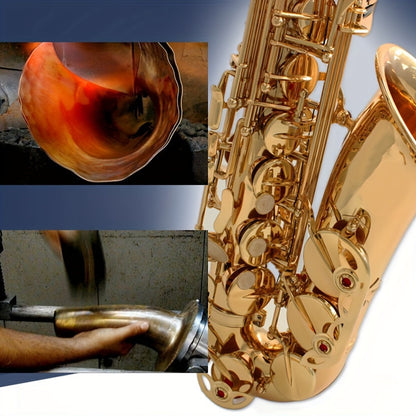 Classic style alto saxophone in E-flat with brass construction and polished finish, includes case and maintenance kit.