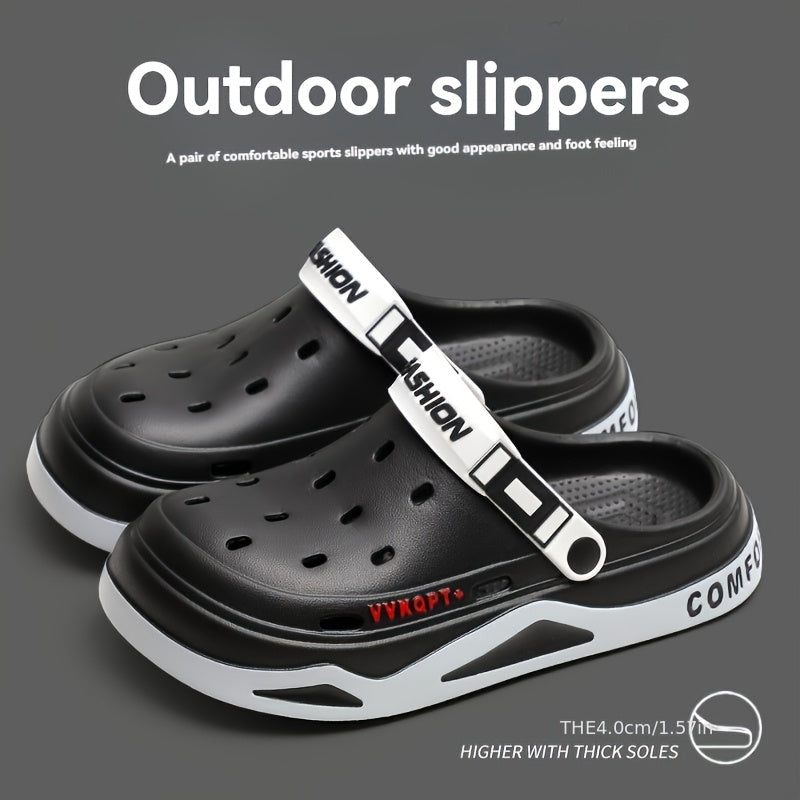 Gender-neutral EVA slides with graphic pattern, soft sole, and breathable insole for comfortable outdoor wear.