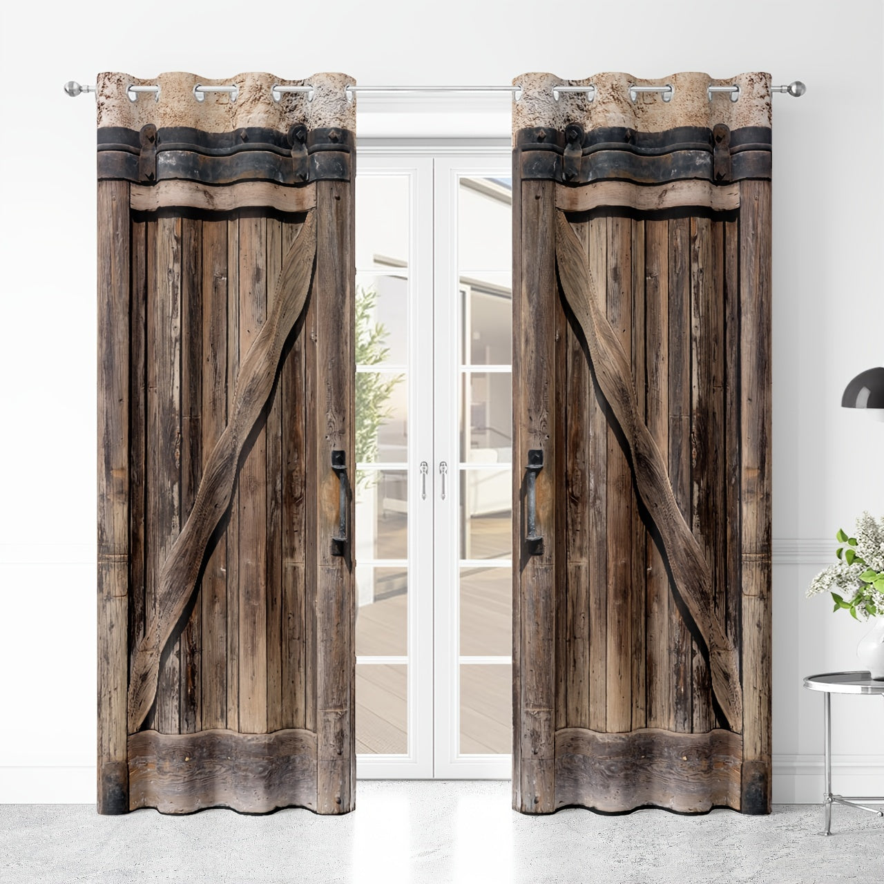 Set of 2 Rustic Curtains with Wooden Door Design, Ideal for Bathroom, Living Room, Bedroom, Window Treatments, and Home Décor