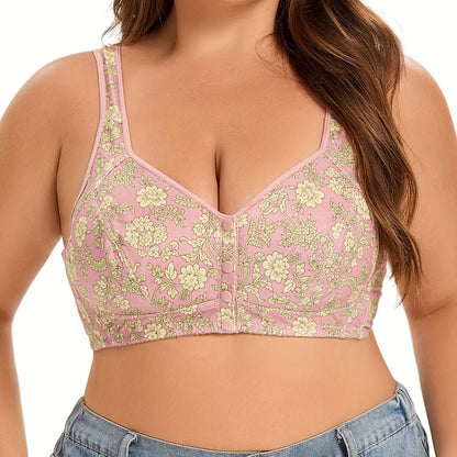 Floral polyester bralettes in plus size, wireless with front button and knit fabric, no padding, slight stretch, simple style, made of 95% polyester and 5% spandex.