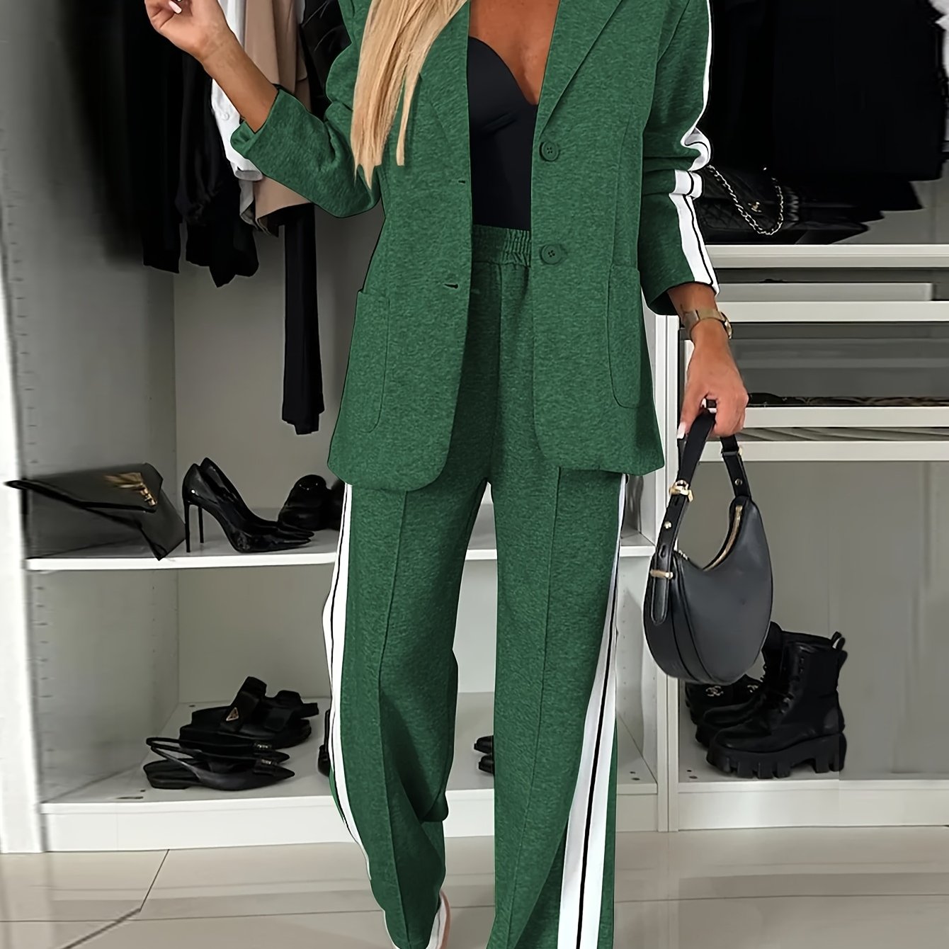 Elegant women's casual suit set with polyester knit fabric in solid color includes button-up blazer and pants, suitable for spring/autumn fashion.