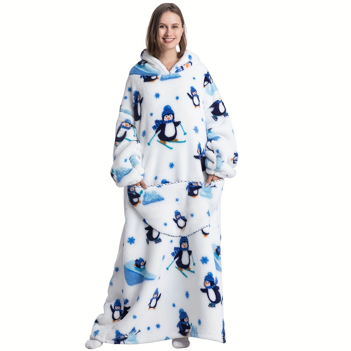 Stay warm and cozy with our 1pc Extra Long Oversized Blanket Hoodie, featuring sleeves and pockets for ultimate comfort. Made of super warm and soft fleece, this giant blanket hoodie is perfect for both women and men.