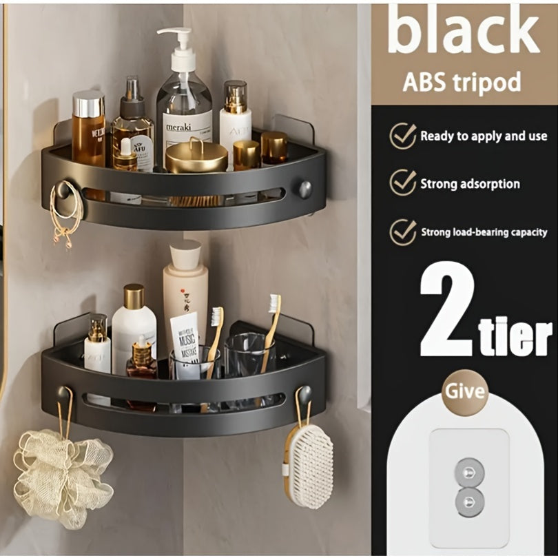 2 wall-mounted triangular shelves for bathroom storage, shower caddy with multiple functions, punch-free holder for shampoo and shower gel, sundries and cosmetics rack, bathroom accessory holder.