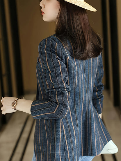 Women's elegant striped blazer with long sleeves and single button closure, made of 97% polyester and 2.7% spandex. Features a regular fit, X-contour design, and woven fabric weighing