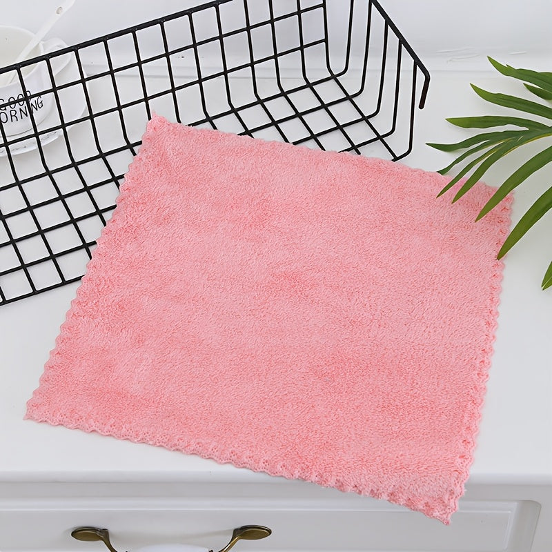 Set of 4 Coral Fleece Square Towels with Lace Trim, Luxuriously Soft and Absorbent Kitchen Cleaning Cloths, Lightweight Knit Hand Towels for Various Living Spaces, Modern Terrycloth Napkins for Everyday Use