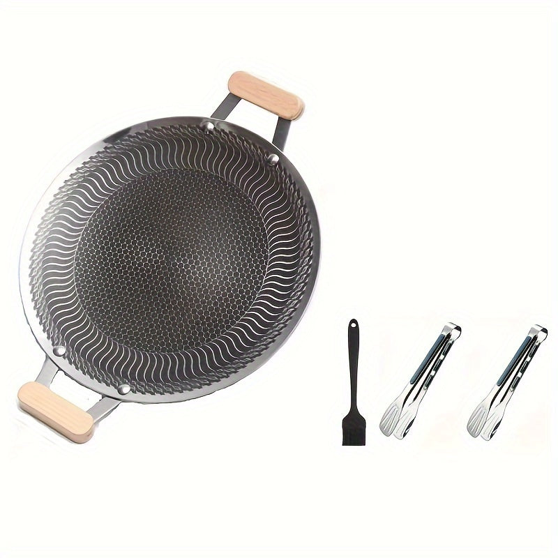 1 stainless steel baking pan with a non-stick coating, perfect for indoor and outdoor use. Includes 2 baking clips and 1 oil brush for easy cooking. Compatible with gas stoves and induction cookers. Features an anti-scald handle for safe grilling.