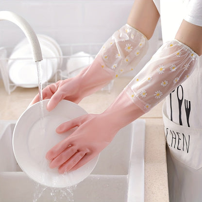 These chic small daisy-patterned rubber cuff gloves are perfect for household chores and kitchen cleaning. Made of durable rubber latex with a non-slip design, they are both elegant and practical.