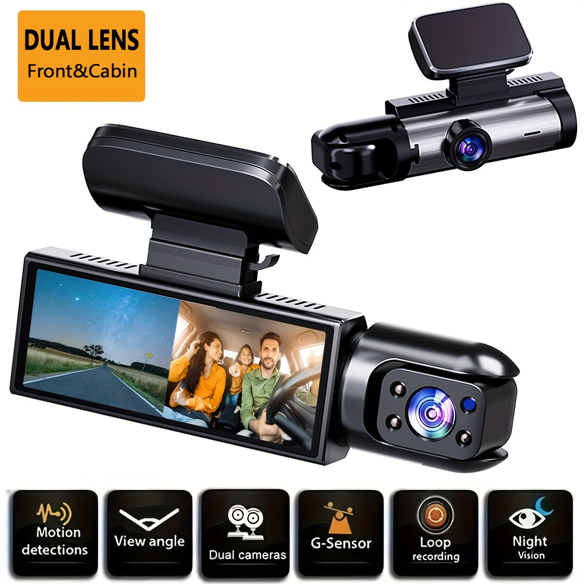 8.03cm dual dash camera with front and interior recording, 1080P HD resolution, G-sensor, night vision, loop recording, wide-angle car DVR, random blue photodiode position.