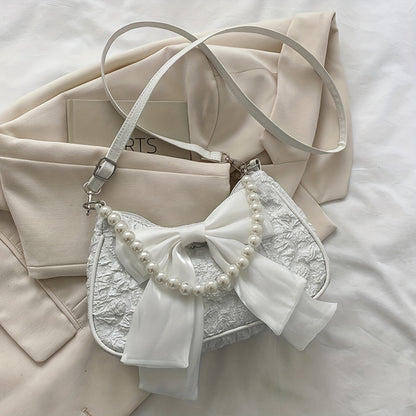 White pleated retro bow bag with pearl handle, new trend fashion pearl underarm shoulder messenger bag.