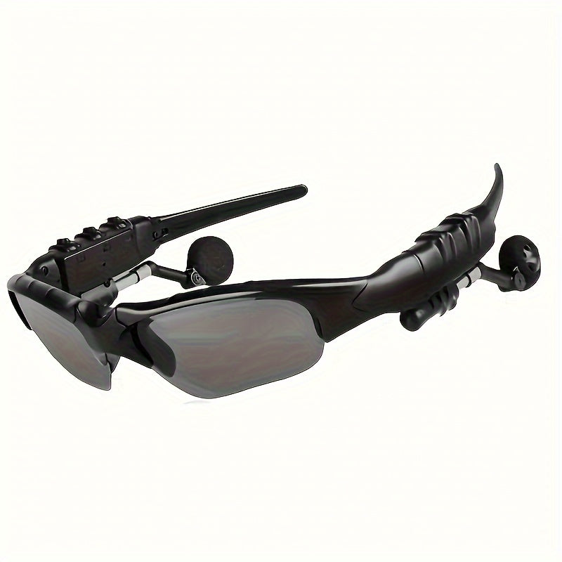 Wireless Glasses with headset, mic, and USB charging for outdoor activities.