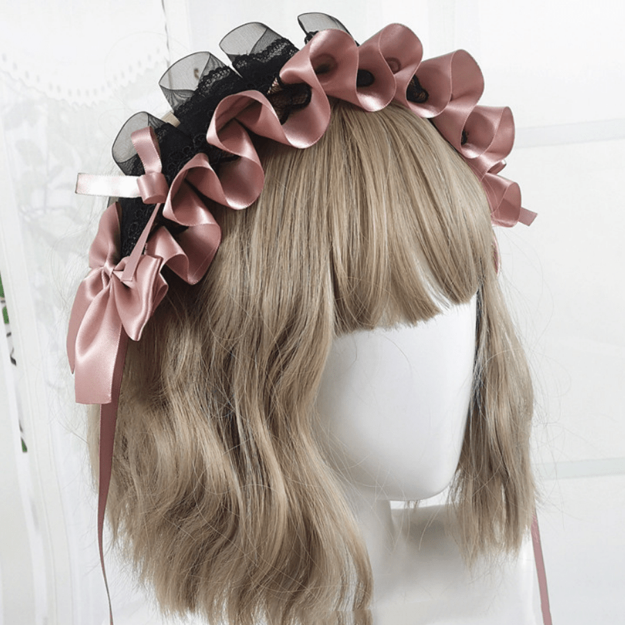 Ruffled Lace Ribbon Bow Headband with Hairpins in Contrasting Colors - Anime Maid Inspired Hair Accessory