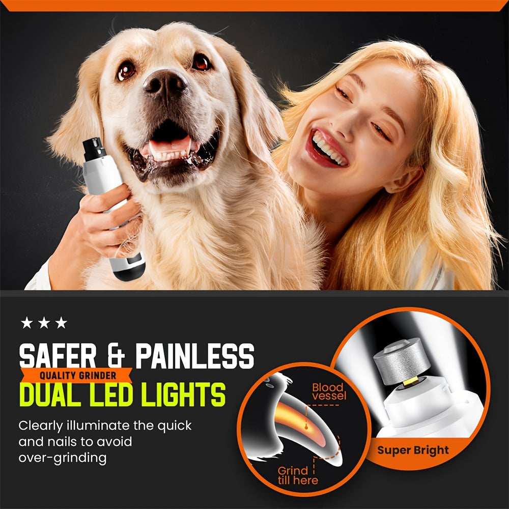 Enhanced pet nail grinder with 2 LED lights, super silent, 5-speed rechargeable electric trimmer for dogs of all sizes, painless paw grooming tool.