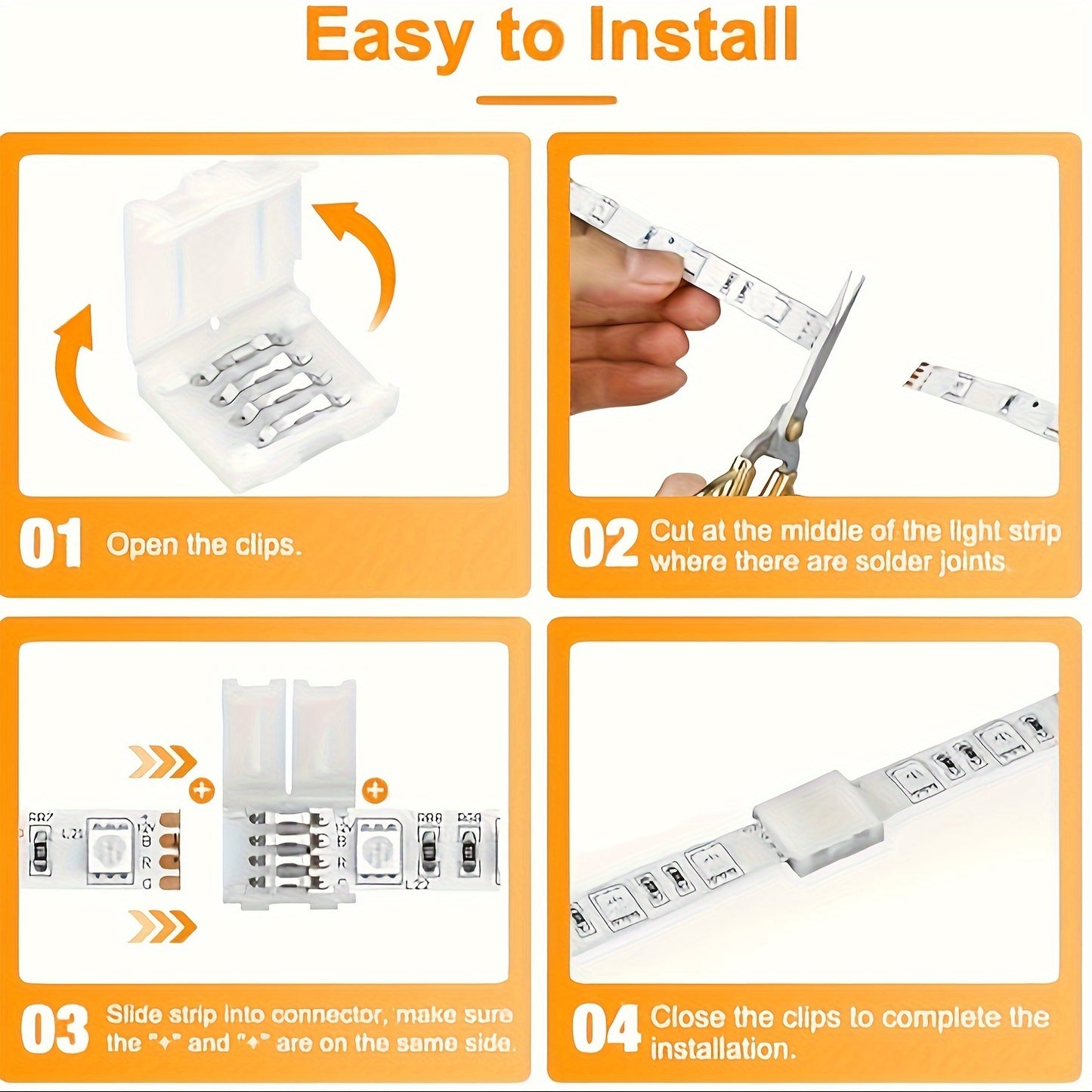 20 4-pin LED strip connectors for easy, solderless connection and disconnection of 10mm wide SMD 5050 RGB light strips. Adjustable with no power connection required. Ideal for strip lights.