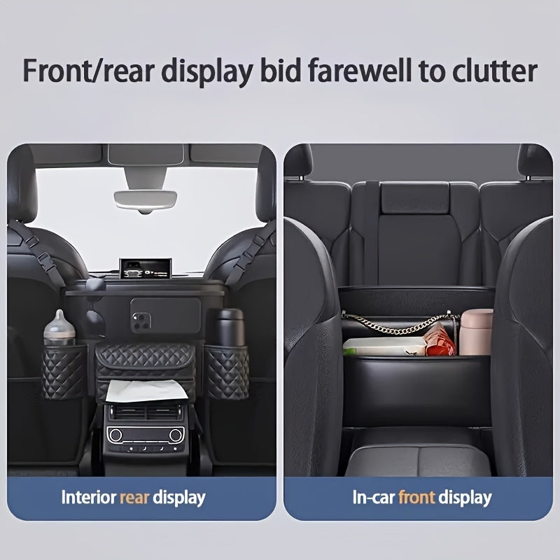 1pc PU Leather Car Seat Back Organizer with Multi-Pocket Storage, Black Quilted Design, Waterproof & Durable, Fits All Cars, SUVs, and Trucks.