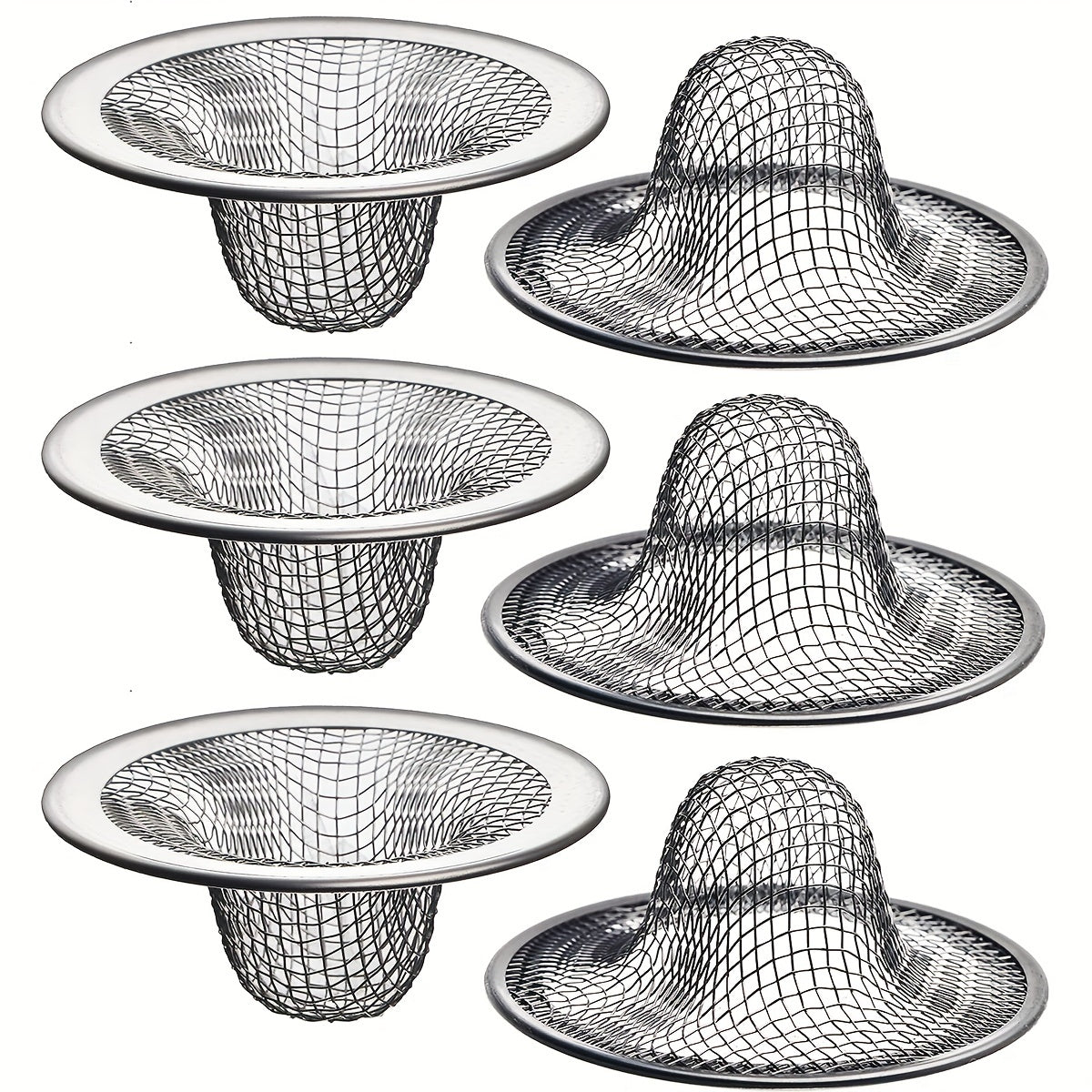 Stainless steel mesh sink strainer set includes 6 pieces for bathroom sinks, perfect for catching hair and debris.