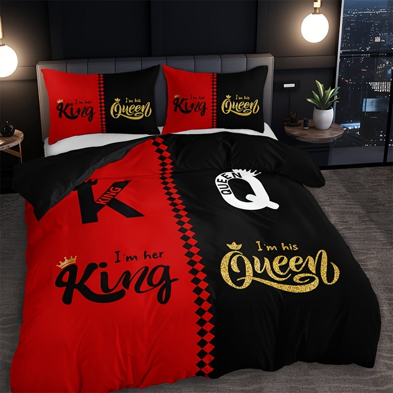 Black and grey duvet cover set featuring crown lettering design, including 1 duvet cover and 2 pillowcases. High definition printing for home and dorm decor, comforter not included.